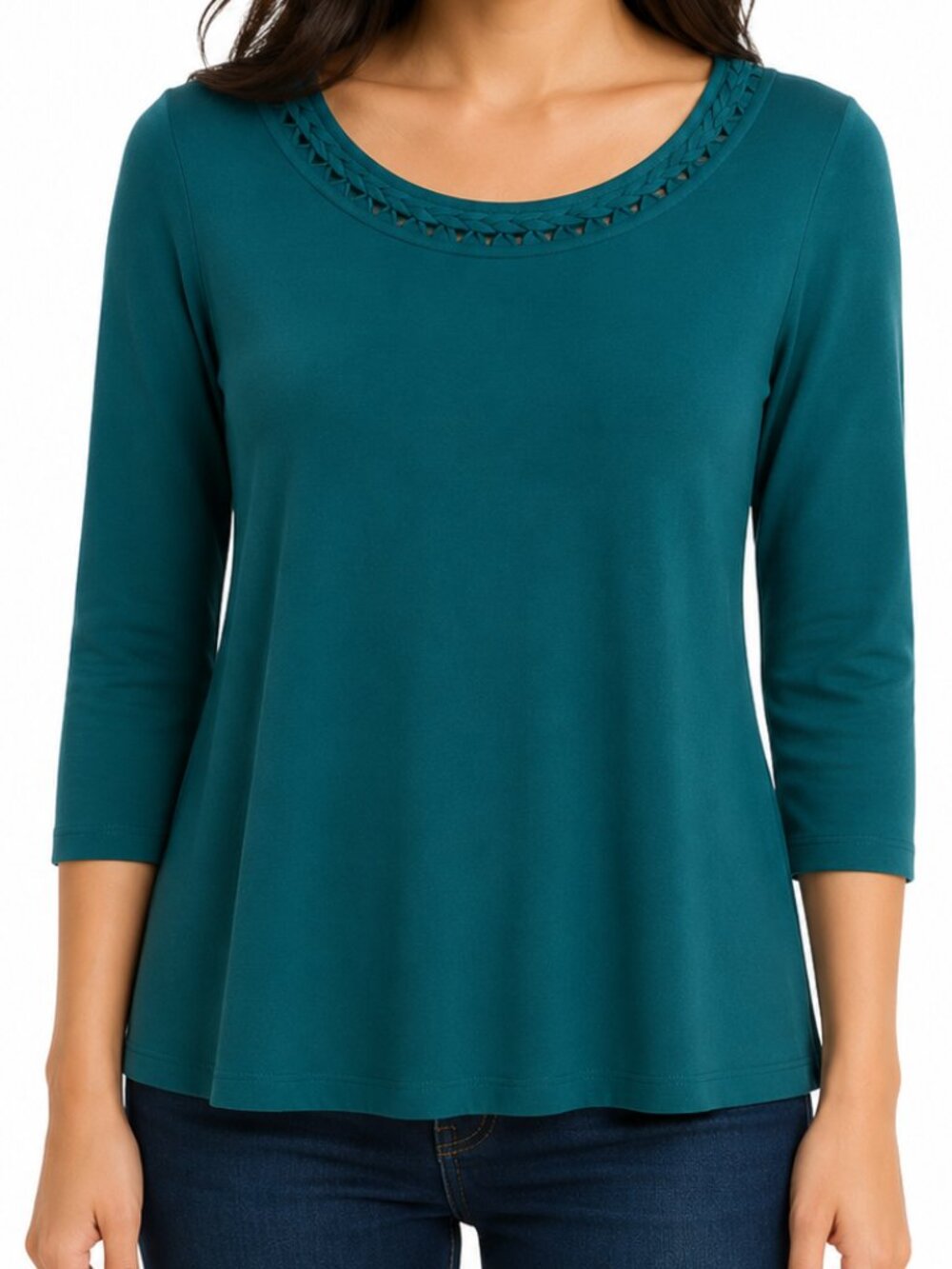 Kim Rogers Teal Braided 3/4 Sleeve Round Neck Minimalist Women’s Size XL Blouse